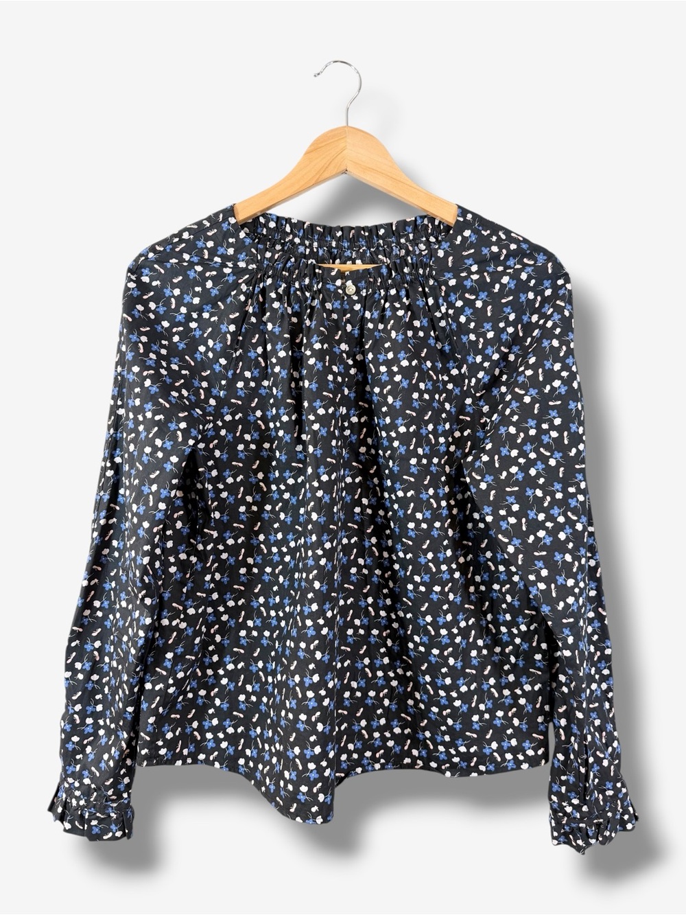 Rebecca Taylor Black Blue Ditsy Floral Cotton Blouse Size M Keyhole Long Sleeve